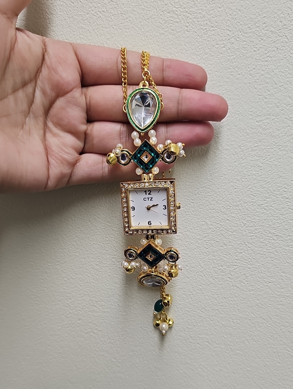 CTZ Gold-tone Pendant Watch Necklace with Green & White Accents - Picture 1 of 5